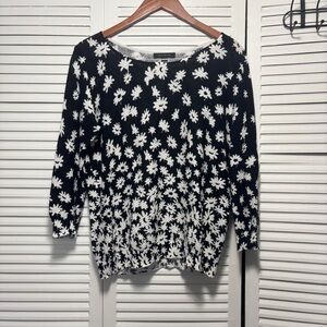 Ann Taylor Black With White Daisy Print Pullover Sweater 100% Cotton Size L